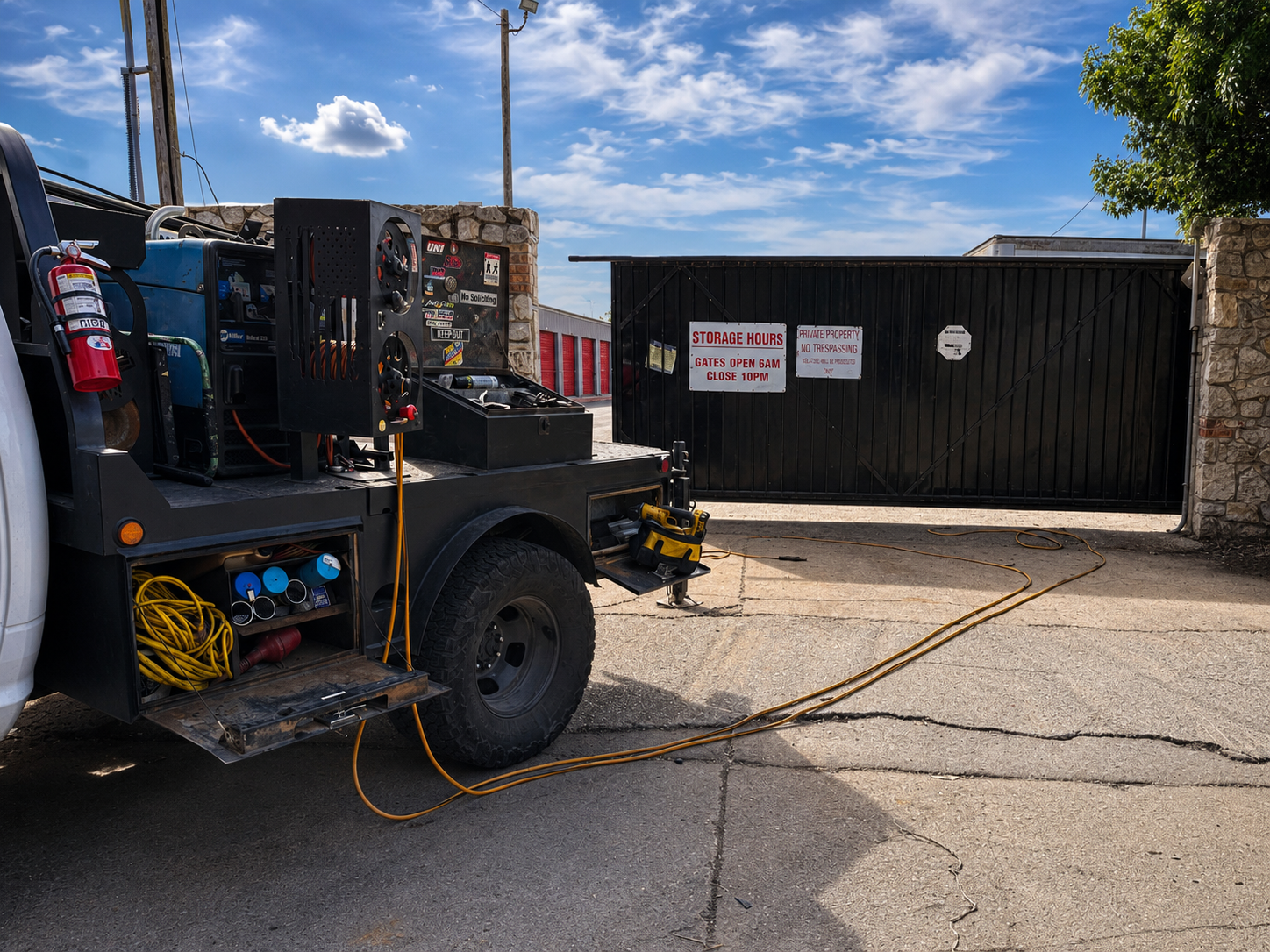 Mobile welding setup for commercial gate and exterior metal repair in Oklahoma City.
